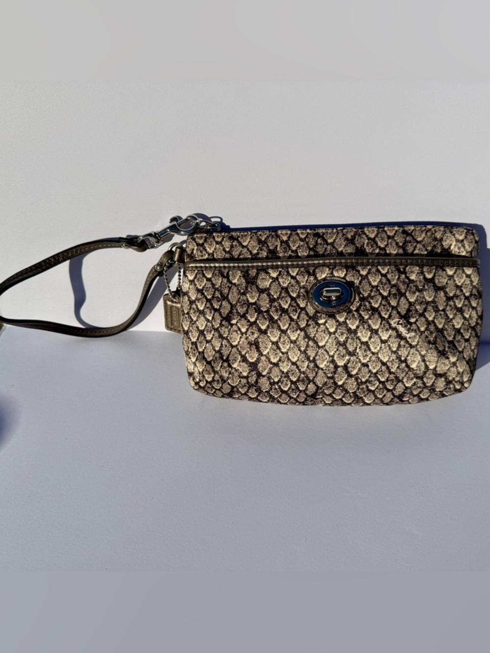 Coach Metallic Taupe Snake-Print Wristlet
